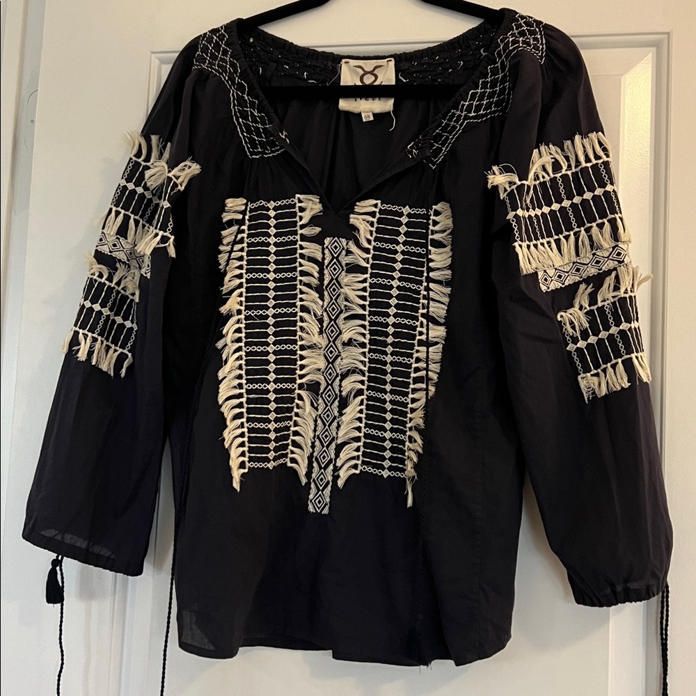 Figue from anthropology Navy and cream  Embroidered Women's Top